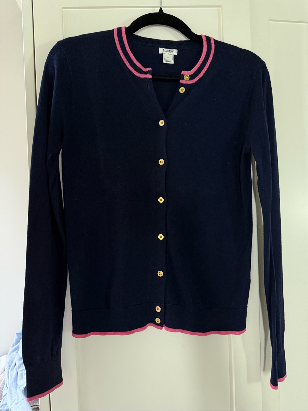 J. Crew Navy Cardigan with Pink Trim and Gold Buttons